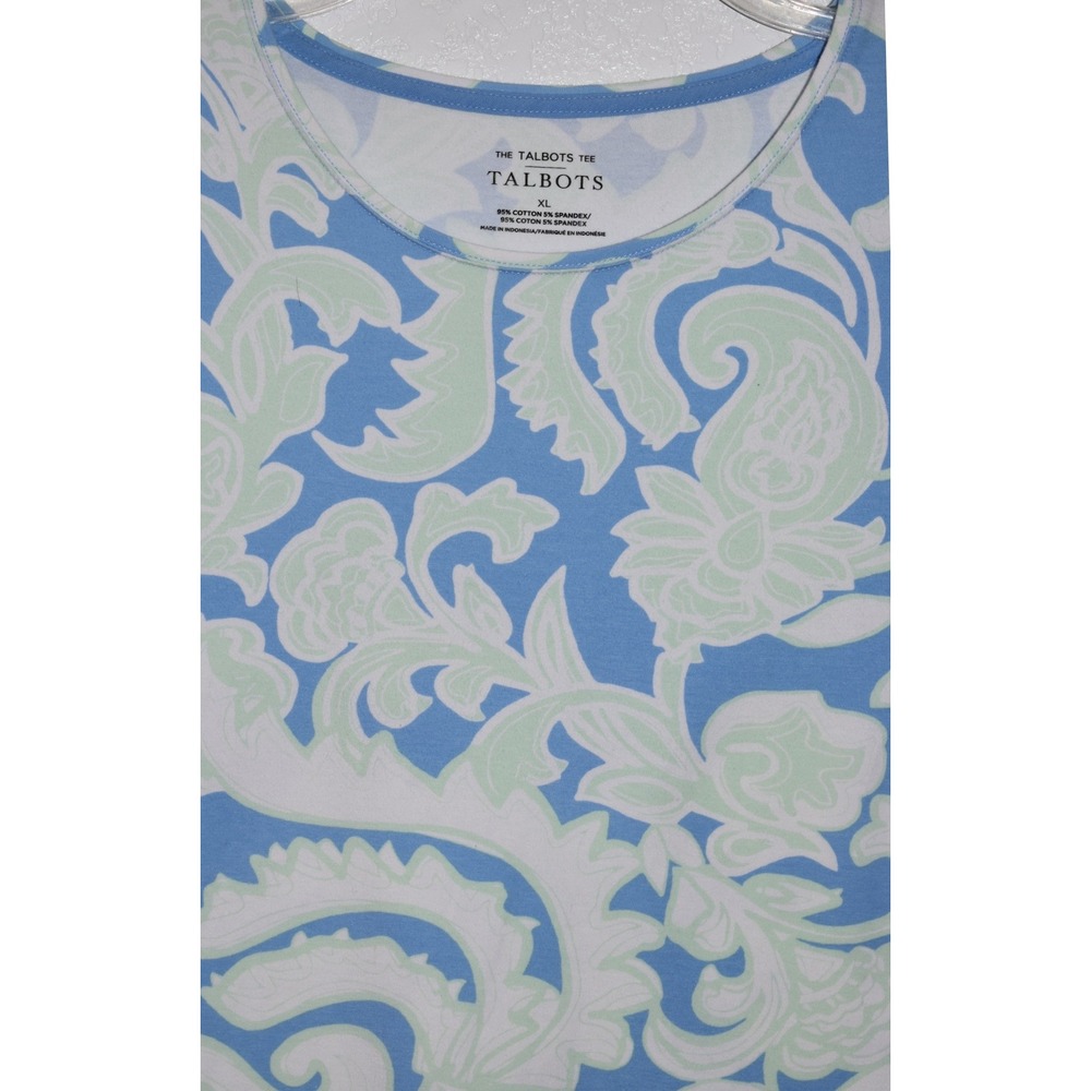 Talbots Tee XL Stretch Top Blue Mint Green Paisley Floral Short Slv Pullover - Picture 16 of 16